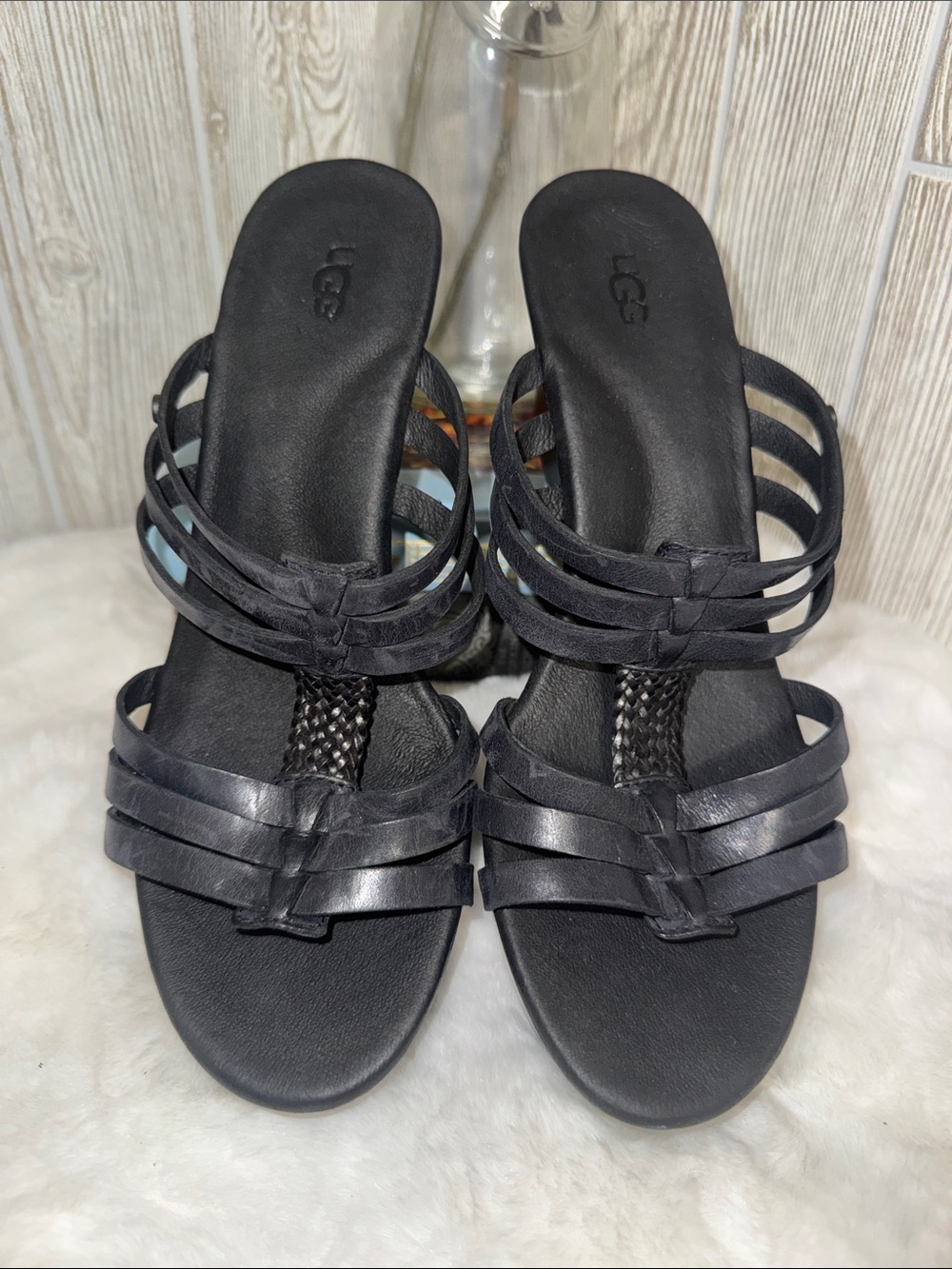 UGG Black Multi-Strap Leather Slide Sandals